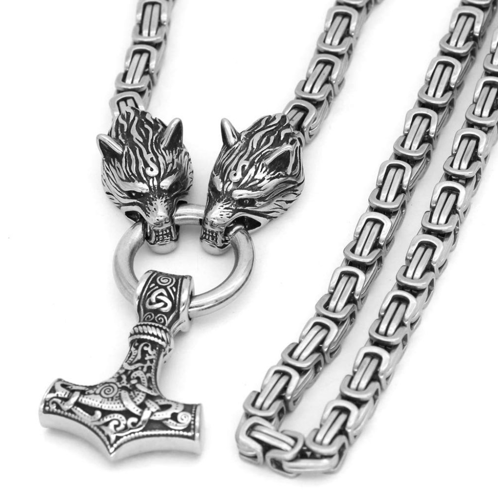 Stainless Steel Wolf Head Thor Mjolnir Pendant Necklace Viking Jewelry